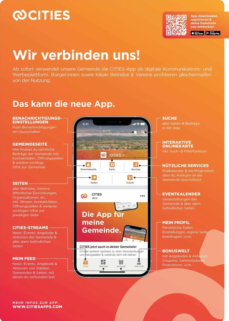 Die Cities-App verbindet Gemeinden mit verschiedenen Funktionen wie Push-Benachrichtigungen, Gemeinschaftsseiten, Events, Profile und Bonuswelt. Benutzer finden alle Beiträge der Gemeinschaft und zusätzliche Informationen zur Gemeinde.