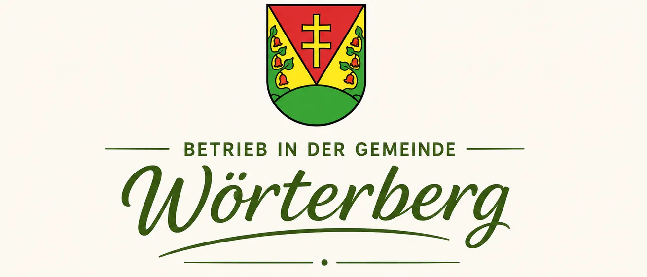 Das Bild zeigt ein Gemeinschaftsunternehmen in Worterberg mit Symbolen für Biohof, Gasthaus, Weinbaubetrieb, Malerbetrieb und Reinigungsfirma. Das Motto lautet 'Zusammen. Zukunft. Leben.' Das Logo enthält ein Kreuz und einen Schild.