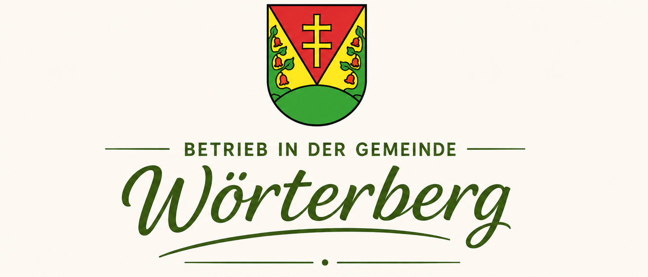 Das Bild zeigt ein Gemeinschaftsunternehmen in Worterberg mit Symbolen für Biohof, Gasthaus, Weinbaubetrieb, Malerbetrieb und Reinigungsfirma. Das Motto lautet 'Zusammen. Zukunft. Leben.' Das Logo enthält ein Kreuz und einen Schild.