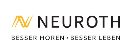 Das Neuroth-Logo zeigt einen stilisierten Buchstaben 'N' mit einer wellenförmigen Linie, gefolgt vom Wort 'Neuroth' in fetten schwarzen Buchstaben. Darunter steht 'Besser Hören, Besser Leben'.