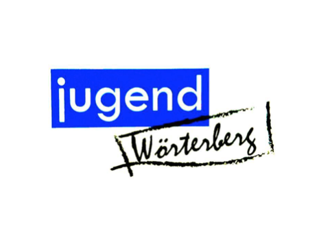 Auf einem weißen Hintergrund ist ein blaues rechteckiges Feld mit weissem Text 'jugend' und einer handgeschriebenen Bezeichnung 'Wörterberg' zu sehen.