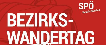 Ein rotes Plakat bewirbt den Bezirks-Wandertag mit Tombola, mit einem roten Rucksack und einem roten Hintergrund. Der Ort ist Gemeindehalle Worterberg, Feuerwehrplatz 2, 7550 Worterberg.