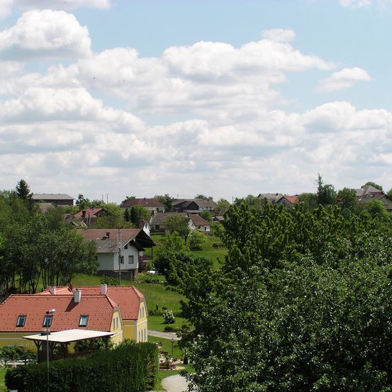 Ein Wohngebiet mit verschiedenen Häusern und viel Grün, umgeben von Bäumen und Büschen unter einem bewölkten Himmel.