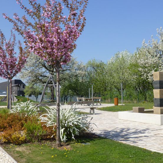 Ein Park mit blühenden Bäumen und Bänken unter blauem Himmel. Eine Holzkonstruktion und eine kleine Struktur mit einem Stapel von Blöcken ist ebenfalls vorhanden.