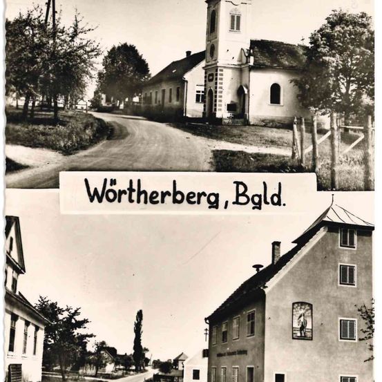 Postkarte Vorderseite _Kapelle St. Stephan_Schule und Feuerwehrhaus © Gemeindearchiv-Wörterberg 