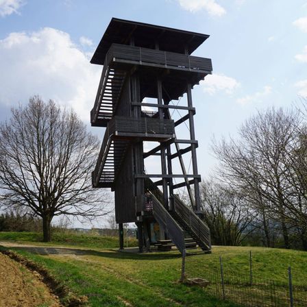 Ein hoher hölzerner Aussichtsturm mit mehreren Ebenen und Treppen, die zur Spitze führen, umgeben von grünem Gras und Bäumen.