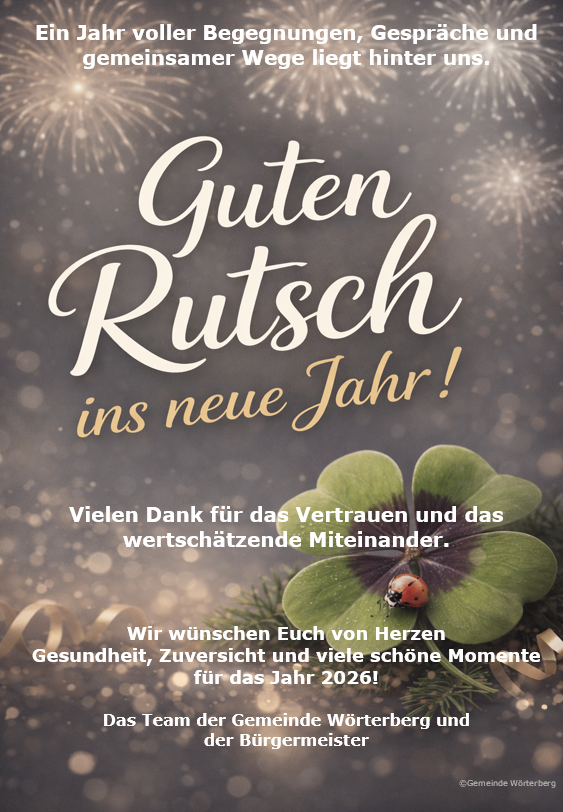Postkarte mit Feuerwerk und einer Marienkäfer. Es steht 'Guten Rutsch ins neue Jahr!' und wünscht Gesundheit, Zuversicht und viele schöne Momente für 2026. Sie ist vom Team der Gemeinde Wörtherberg und dem Bürgermeister.