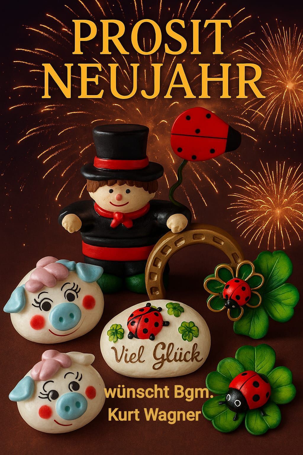 Eine festliche Neujahrsszene mit einer kleinen Figur eines Mannes, einer Marienkäfer, einem Schwein und anderen Dekorationen. Das Wort 'Neujahr' ist prominent angezeigt.