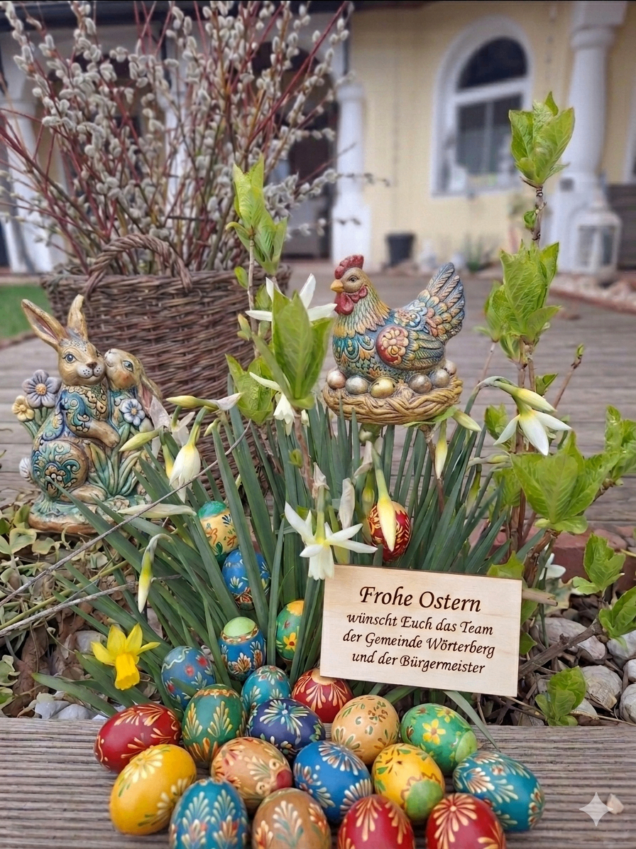 Ein Garten mit Blumen, einem Korb, einer dekorativen Henne und Kaninchen. Ein Holzschild steht 'Frohe Ostern'. Das Gemeindeteam und der Bürgermeister wünschen Ihnen frohe Ostern.