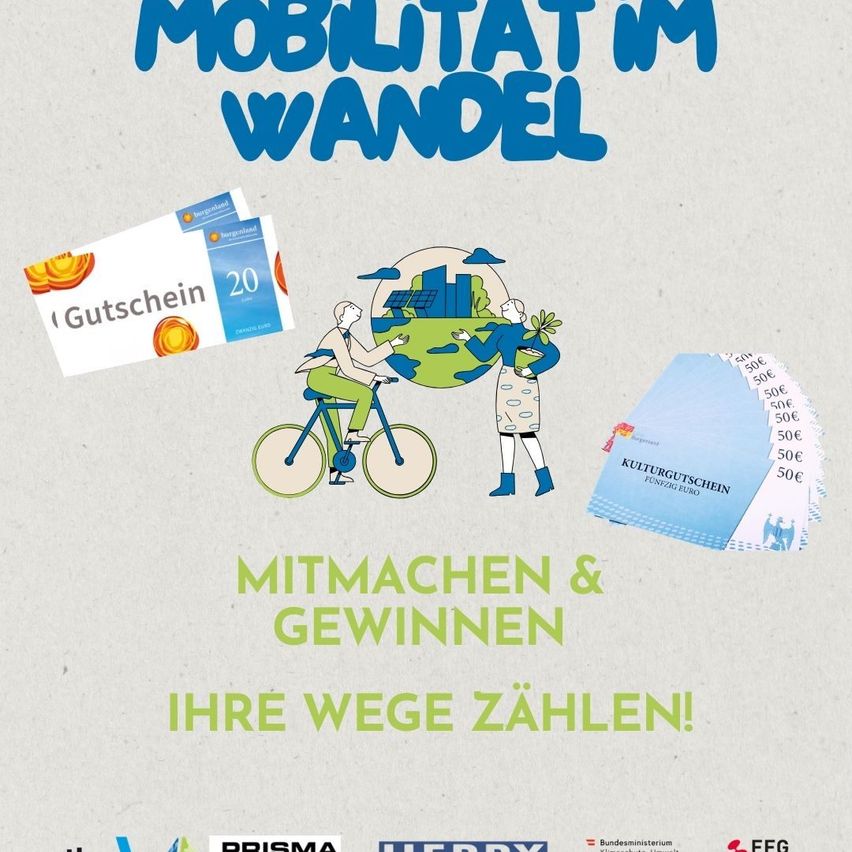Ein Werbeplakat für eine Mobilitätsinitiative. Zwei Personen sind abgebildet, die ein Fahrrad mit einem Globus fahren und Gutscheine in der Hand halten. Der Text ermutigt zur Teilnahme und verspricht Belohnungen für den Beitrag zur Initiative.