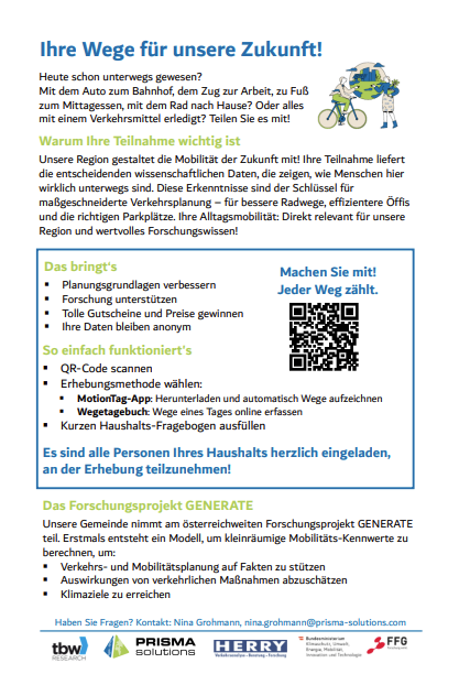 Ein Flyer lädt Bürger ein, an einer Studie über Mobilität in der Region teilzunehmen. Es bietet eine App, einen QR-Code und einen Fragebogen als Möglichkeiten zur Teilnahme. Es werden die Vorteile der Beteiligung für zukünftige Planung und Forschung erwähnt.