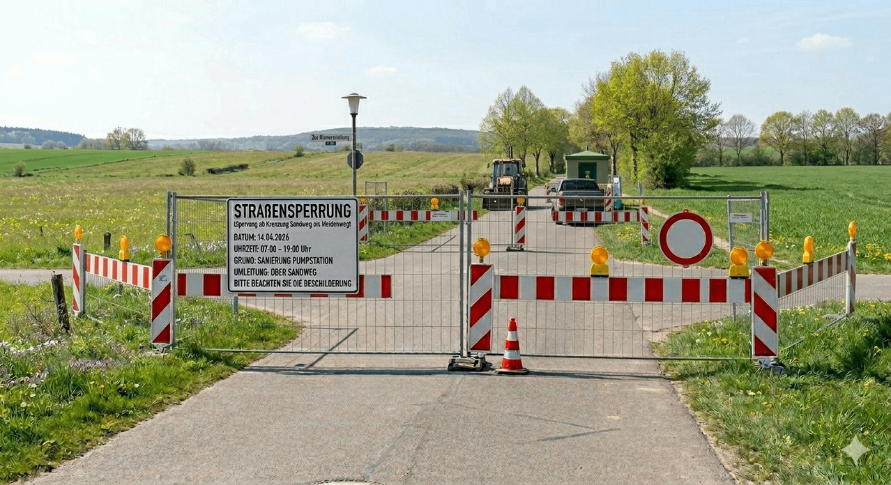 Ein Straßenschild ist am Eingang einer Straße angebracht. Es ist wegen der Wartung der Pumpstation gesperrt. Die Sperrung gilt von 07:00 bis 19:00 Uhr. Ein Traktor und ein Auto sind am Straßenrand geparkt.