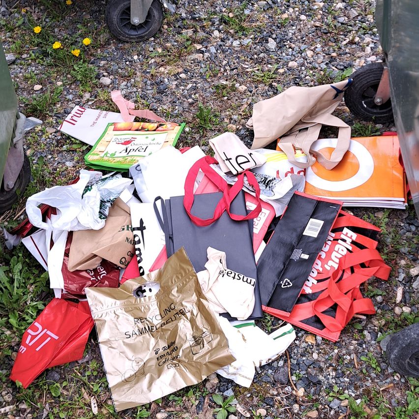 Various plastic bags and containers are scattered on the ground, including a recycling bin and a red bag.