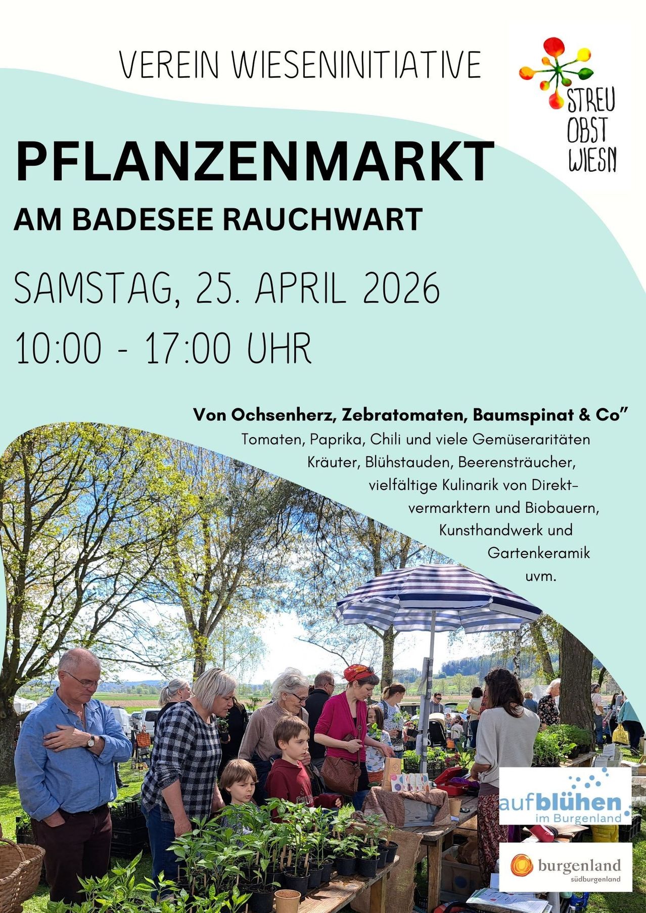 Plakat für einen Pflanzenmarkt am Badesee Rauchwart am 25. April 2026. Stände bieten Gemüse, Kräuter, Küchenprodukte und Kunsthandwerk an. Menschen versammeln sich unter einem Regenschirm.