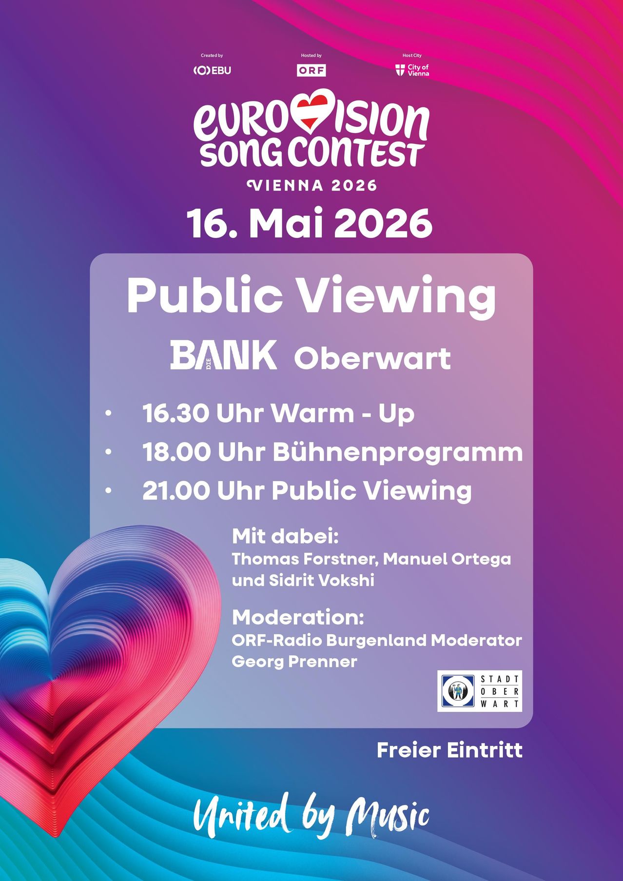 Plakat für eine öffentliche Vorführungsveranstaltung des Song Contests Wien 2026 am 16. Mai 2026. Beinhaltet Zeitplan, Teilnehmer und Moderatoren.