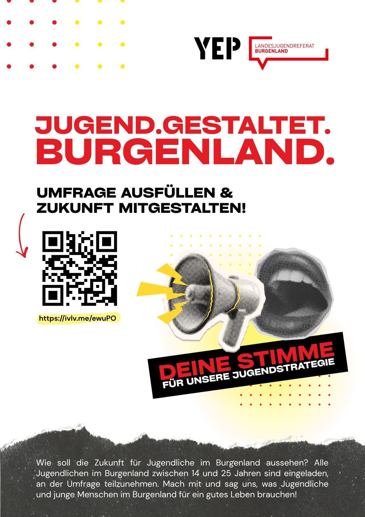 Jugend.gestaltet.Burgenland. Ein Poster lädt zur Umfrage ein und zur Gestaltung der Zukunft mit QR-Code und Megafon.