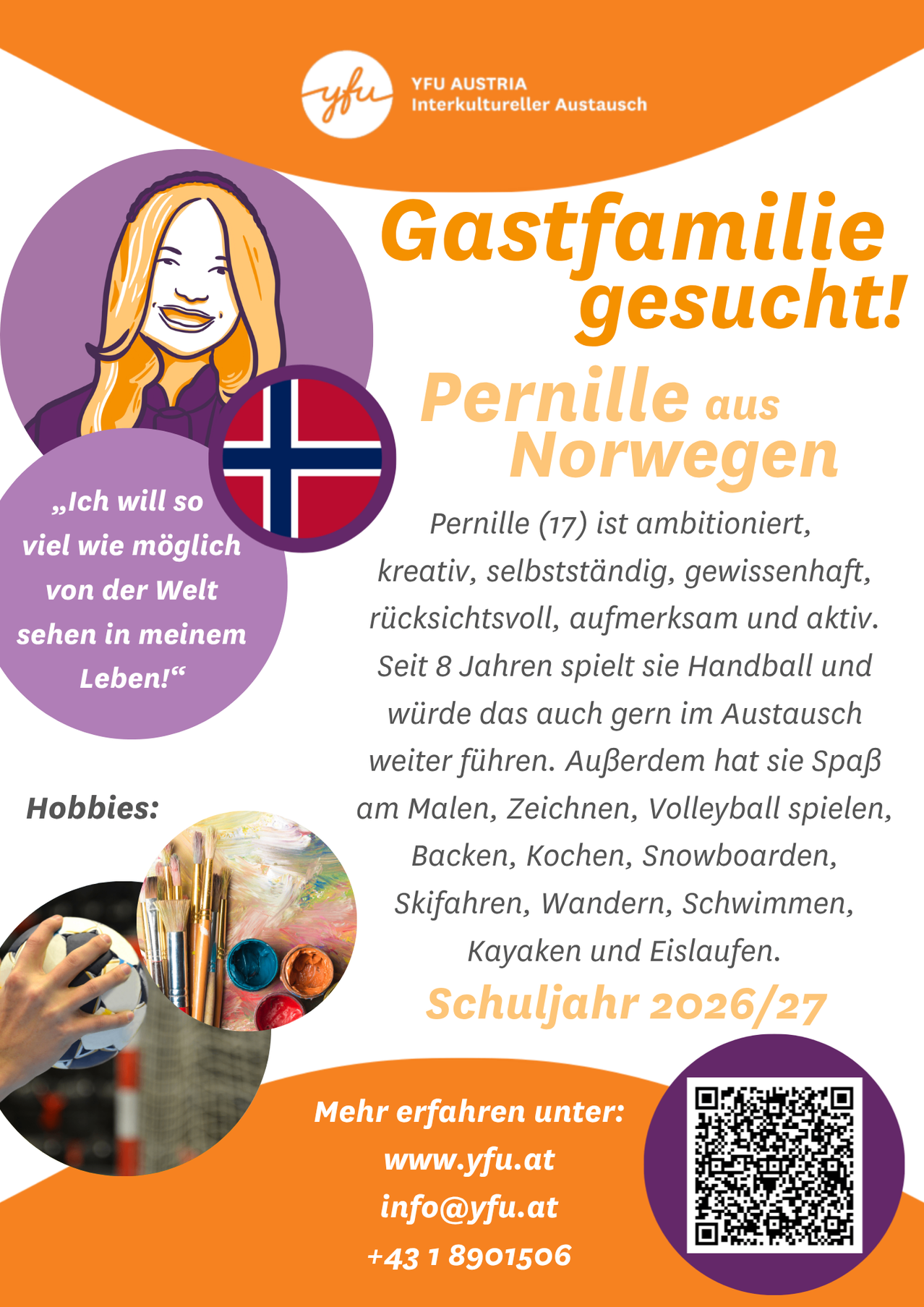 Plakat für eine norwegische Austauschschülerin namens Pernille, 17 Jahre alt. Sie ist ehrgeizig, kreativ und spielt gerne Handball, zeichnet und snowboardet. Sie sucht eine Gastfamilie für das Schuljahr 2026/27.