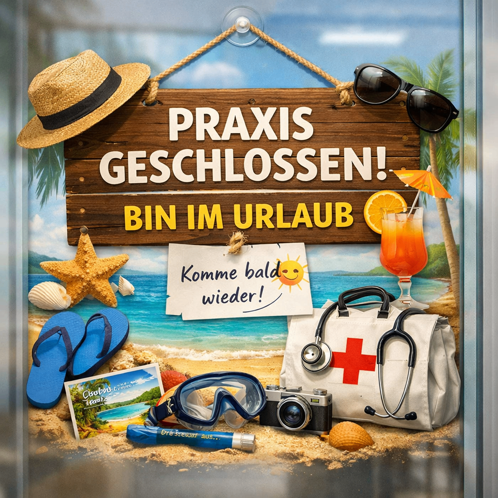 Ein Praxisschild hängt an einem Seil mit der Nachricht 'Geschlossen! Im Urlaub!' Ein Regenschirm, Hut, Sonnenbrille und eine Strandszene sind abgebildet. Gegenstände wie Flip-Flops, ein Erste-Hilfe-Koffer, eine Tauchmaske, eine Kamera und ein Stift sind ebenfalls zu sehen.