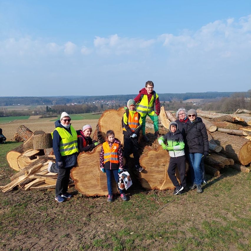 Eine Gruppe von Menschen in Sicherheitswesten posiert mit gefällten Baumstämmen auf einem Feld bei klarem blauem Himmel.