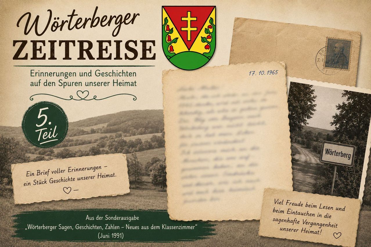 Ein Plakat mit einem Wappen und Text auf Deutsch, das eine Landschaft, einen Brief und ein Foto zeigt, datiert auf Juni 1991.
