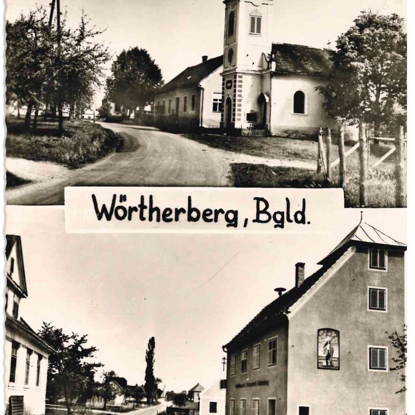 Postkarte Vorderseite _Kapelle St. Stephan_Schule und Feuerwehrhaus © Gemeindearchiv-Wörterberg 