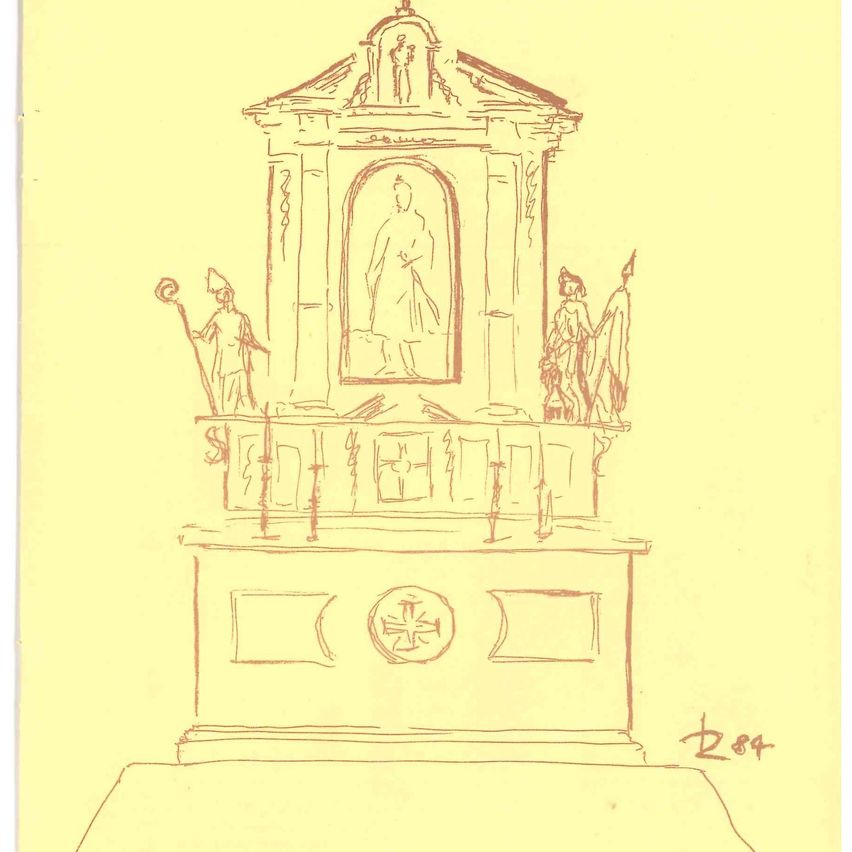 Zeichnung „Altar der Kapelle St. Stephan Wörterberg“  von Prof. Thomas Resetarits † (Tome Rešetarić) Bildhauer aus Wörterberg  entnommen der Broschüre des Komitees zur Erhaltung der Kapelle St. Stefan Wörterberg   