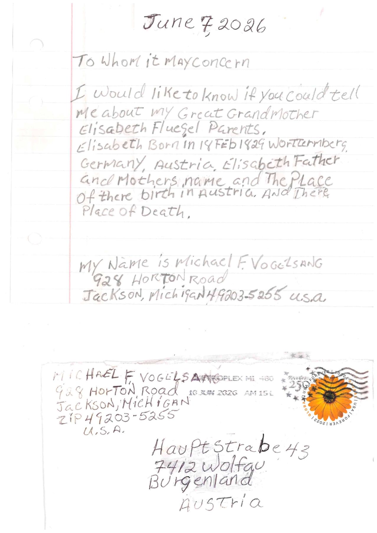 Ein handgeschriebener Brief bittet um Informationen über die Urgroßmutter des Schreibers, Elisabeth Fluesel, einschließlich der Namen ihrer Eltern, ihres Geburtsorts in Österreich und ihres Sterbeorts. Der Name und die Adresse des Schreibers sind ebenfalls angegeben.