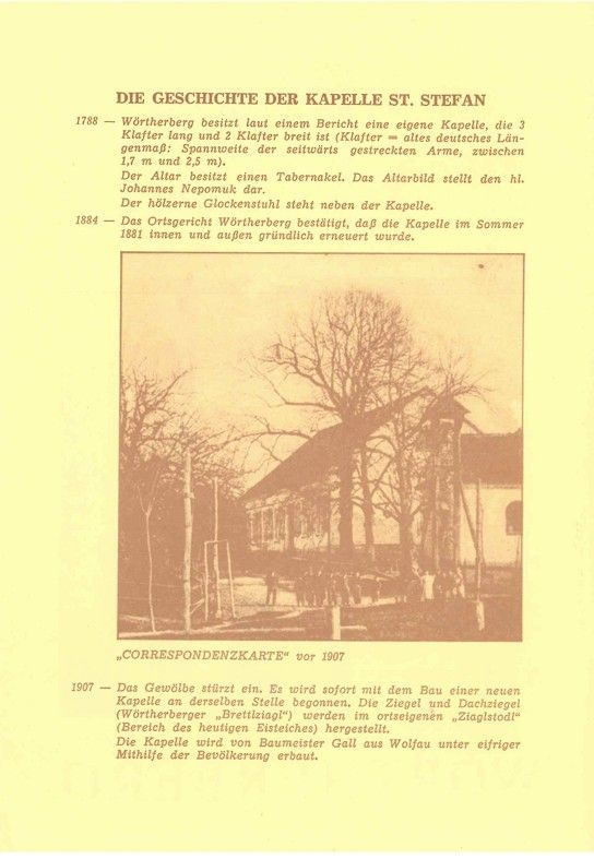 Geschichte Kapelle St. Stefan 1788 bis 1907_Auszug Broschüre Komitee zur Erhaltung der Kapelle St. Stefan Wörtherberg