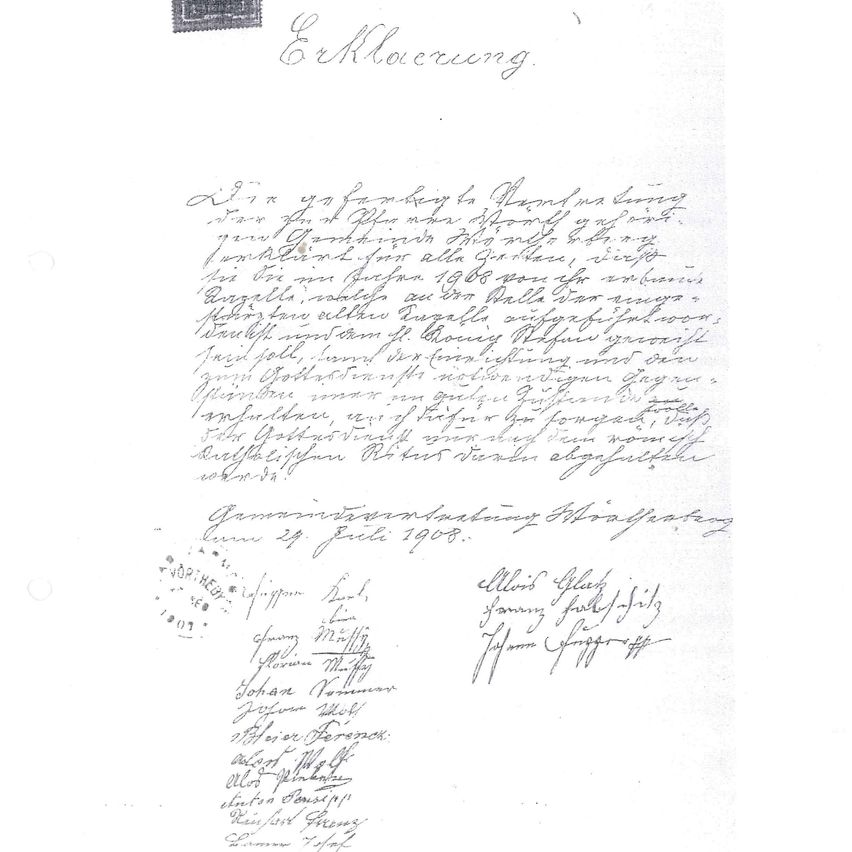 Erklärung der Gemeindevertretung von Wörtherberg vom 29.Juli 1908 bezüglich der immerwährenden Erhaltung  der neugebauten Kappelle ©Gmde Wörterberg 