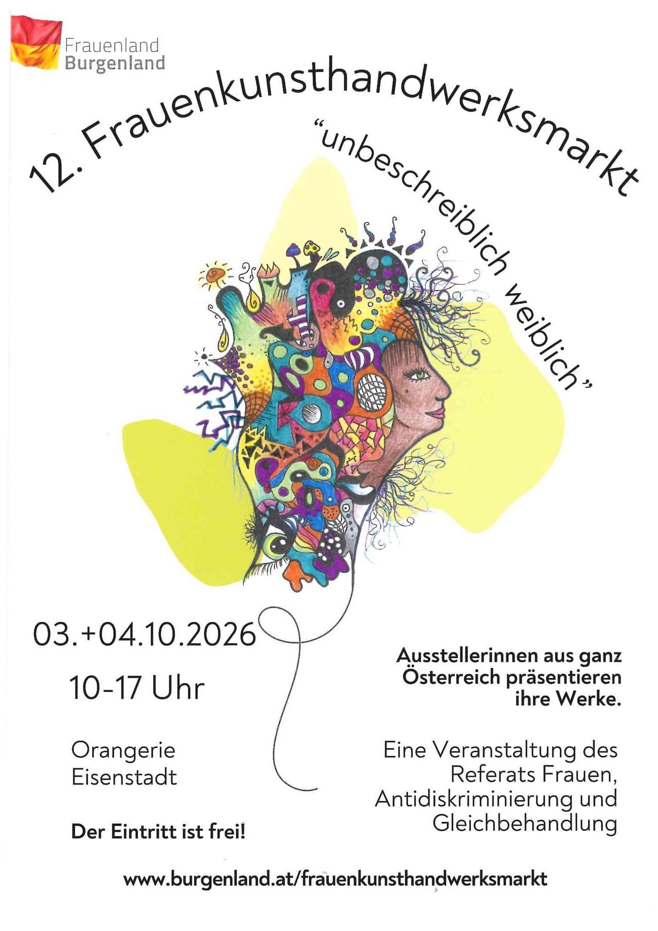 Plakat für den 12. Unbeschreiblich Weiblich Markt mit einer bunten, abstrakten Illustration eines Frauenkopfes, mit Veranstaltungsdetails und Datum.