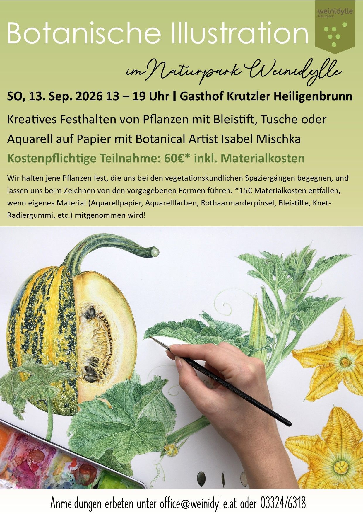 Eine Illustration einer Hand, die einen Kürbis mit einem Pinsel malt. Der Kürbis ist zur Hälfte geschnitten, um seine Samen und sein Inneres zu zeigen. Die Malerei ist auf weißem Papier mit zusätzlichen Blättern und Blumen.