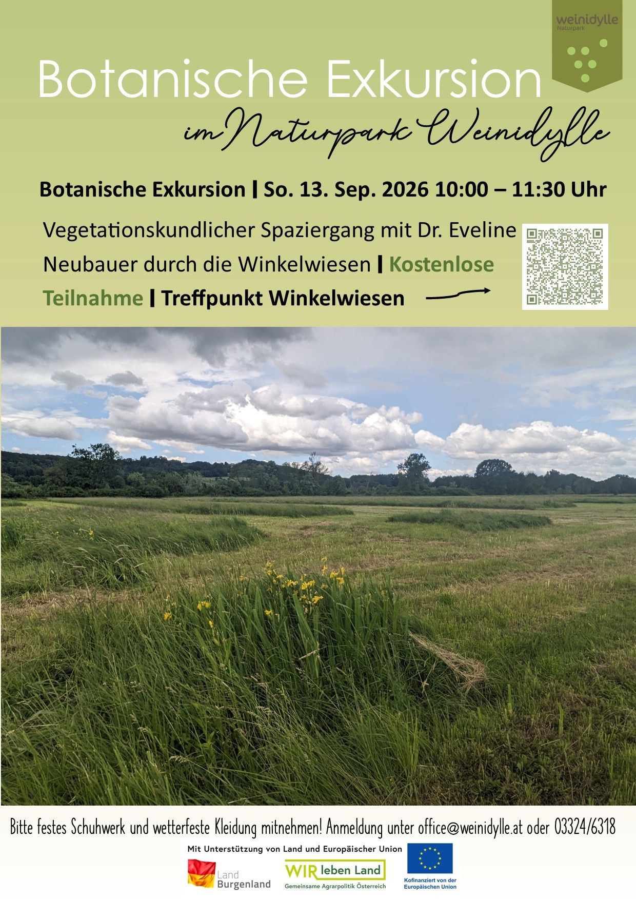 Ein Plakat für eine botanische Exkursion am 13. September 2026, das ein Feld mit gelben Blumen und einem bewölkten Himmel zeigt. Die Veranstaltung wird von Dr. Eveline Neubauer geleitet.