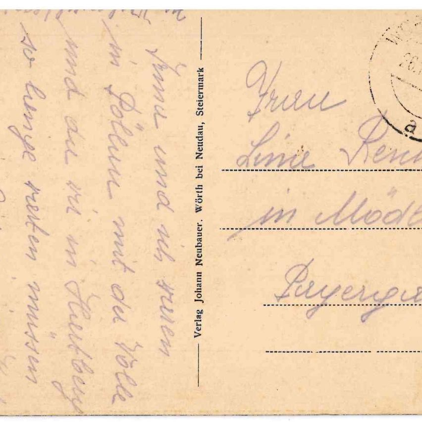 Postkarte an Frau Reichl 1947 Rückseite_Ansicht vorne links hinten Feuerwehrhaus © Gemeindearchiv-Wörterberg 