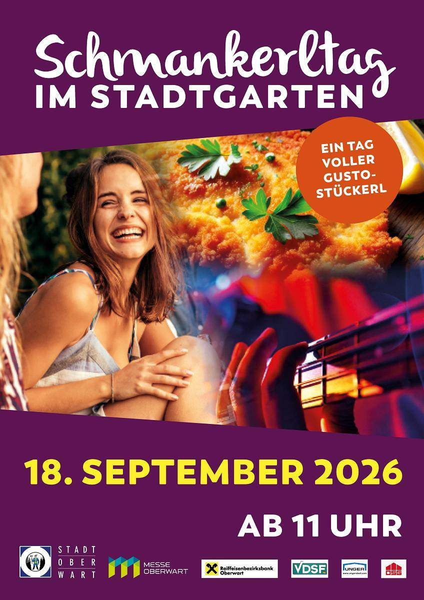 Ein Plakat für eine Veranstaltung im Stadtgarten am 18. September 2026 mit einer lächelnden Frau, einem Gericht und einer Gitarre.