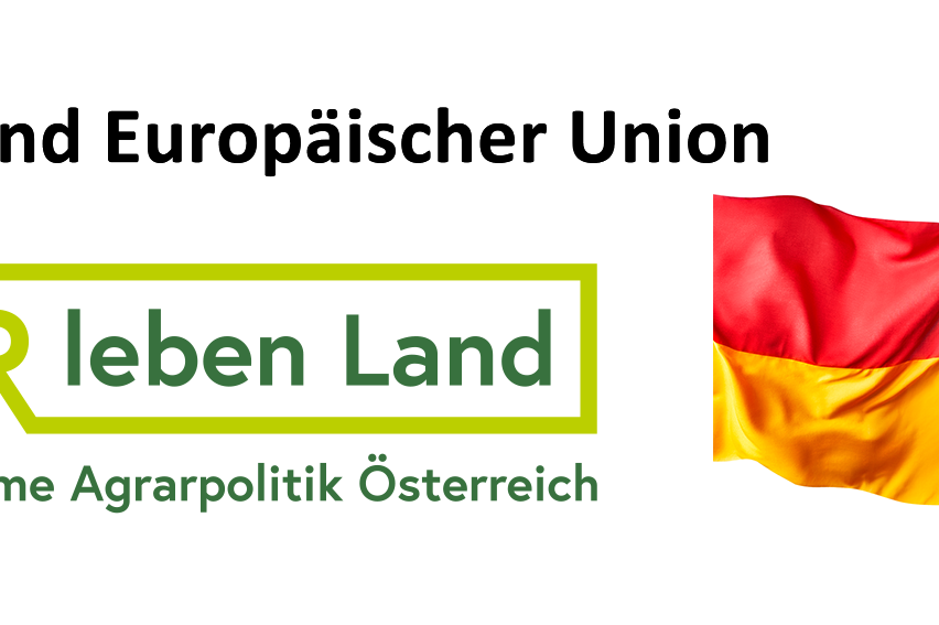 Ein Bild mit der Flagge Österreichs und Text auf Deutsch und Englisch. Der Text lautet 'Leben Land Agrarpolitik Osterreich' mit einem gelben Rand und der Flagge auf der rechten Seite.