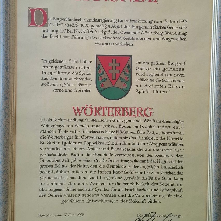 Urkunde  Gemeindewappen Wörterberg 1997