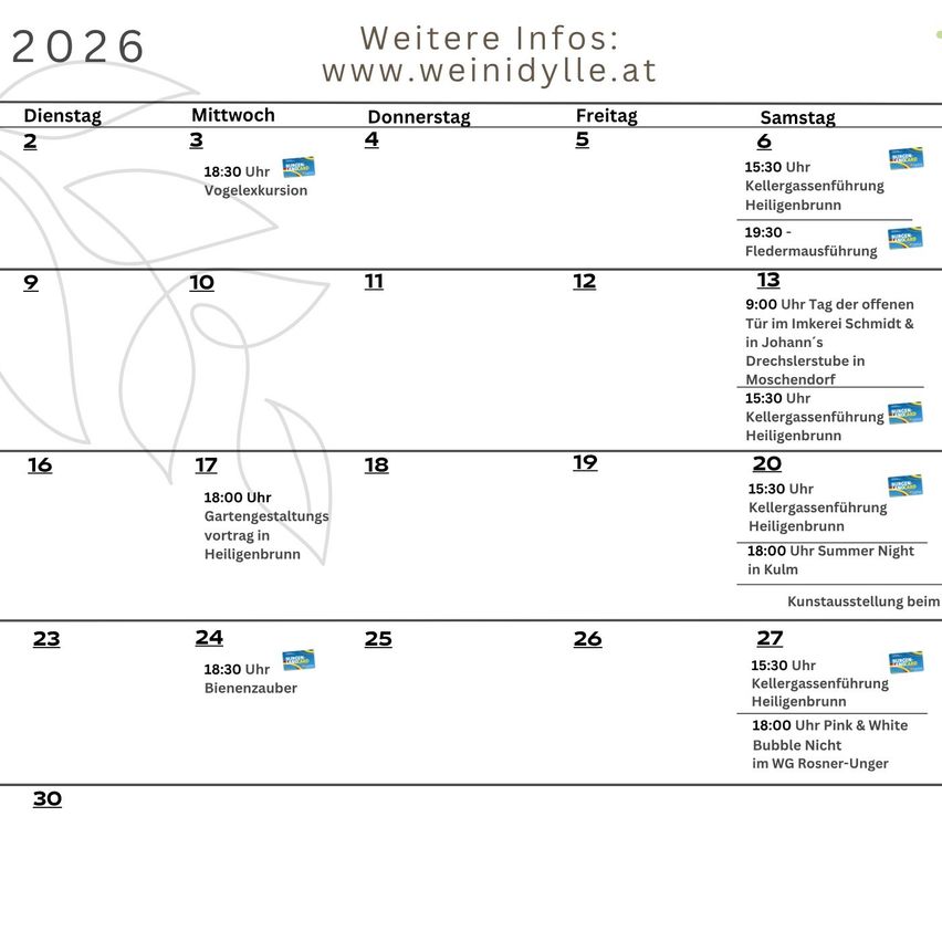 Zeitplan für 2026 mit Vogelexkursion, Fledermannfuhrung und Gartengestaltungsvortrag in Heiligenbrunn. Tag der offenen Tür im Imkerer Schmidt & Johanns, Drechlerstuben in Moschendorf und Kunstausstellung.