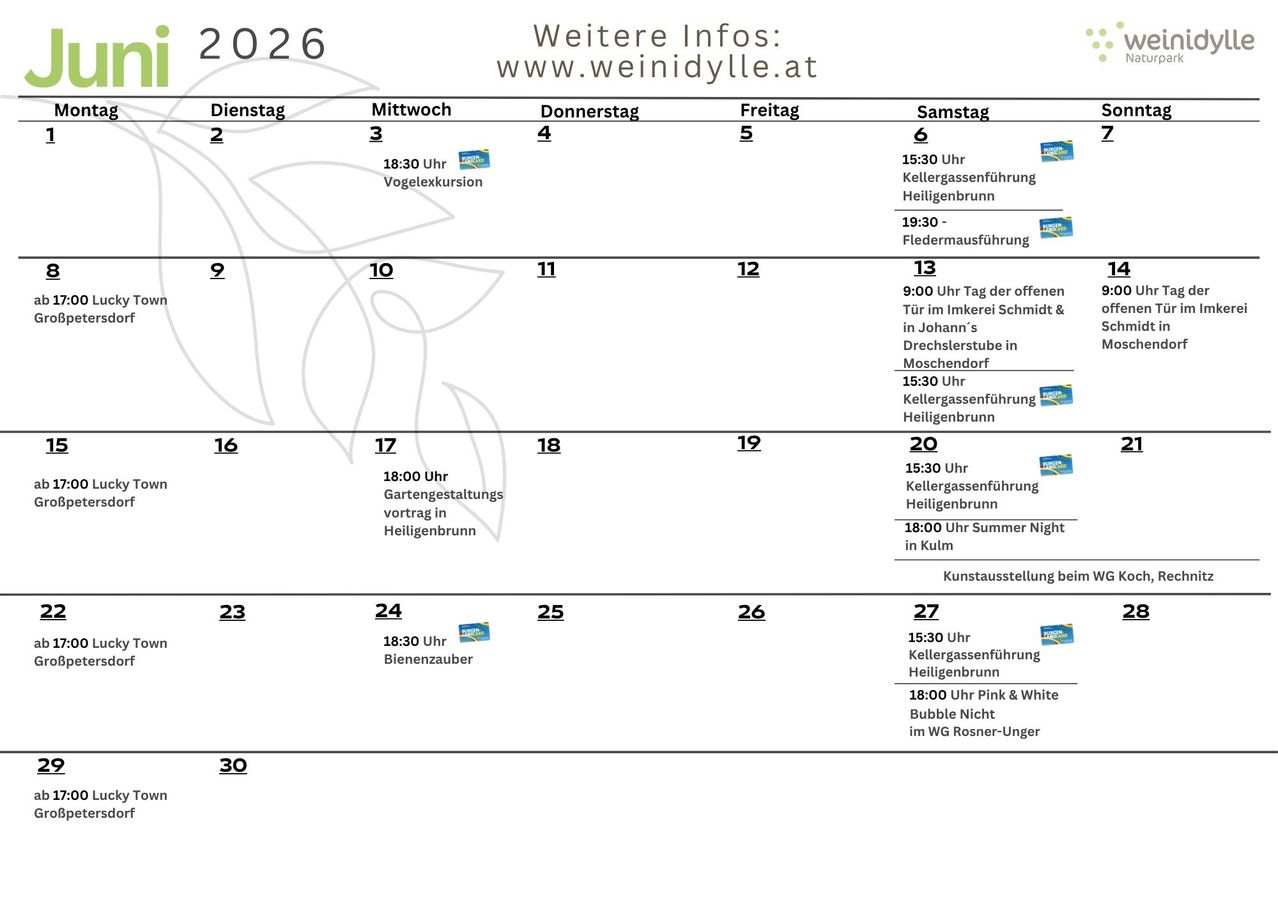 Zeitplan für 2026 mit Vogelexkursion, Fledermannfuhrung und Gartengestaltungsvortrag in Heiligenbrunn. Tag der offenen Tür im Imkerer Schmidt & Johanns, Drechlerstuben in Moschendorf und Kunstausstellung.
