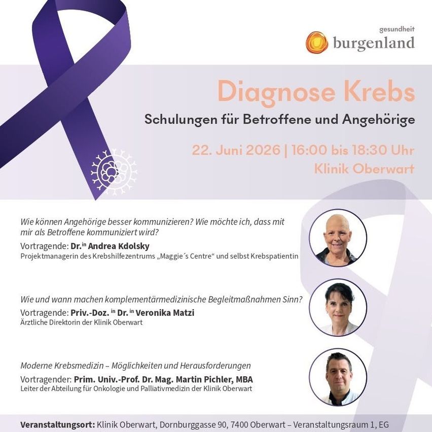 Plakat für eine Krebsdiagnose-Schulung am 22. Juni 2026. Die Veranstaltung umfasst Vorträge zu Themen wie die Kommunikation mit Krebspatienten.