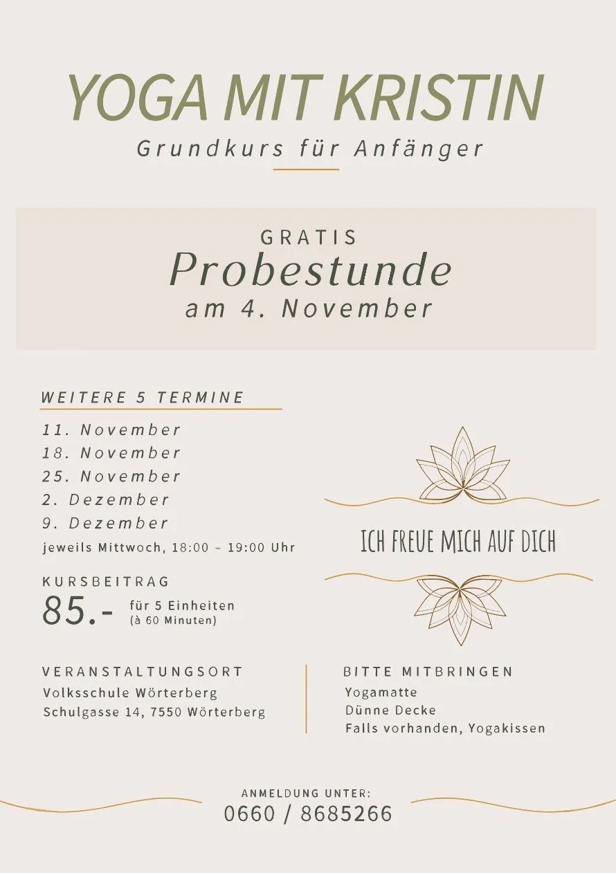 Ein Plakat für einen Yogakurs mit Kristin. Es bietet eine kostenlose Probestunde am 4. November und fünf weitere Termine an den folgenden Mittwochen.