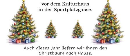 Anzeige für den Verkauf von Weihnachtsbäumen am 8. Dezember 2025 von 9:00 bis 12:00 Uhr vor dem Kulturhaus in der Sportplatzgasse. Drei Weihnachtsbäume sind mit festlichen Dekorationen geschmückt. Eine Nachricht besagt, dass der Erlös an die Weihnachtssternhütte gespendet wird.