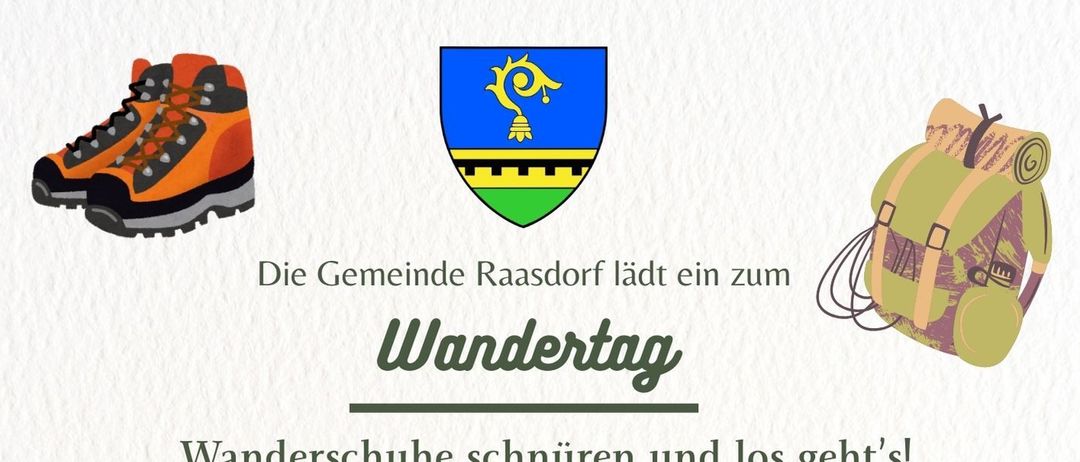 Die Gemeinde Raasdorf lädt zu einem Wandertag ein. Erwarte eine 10 km lange, mittelschwere Strecke mit herrlichen Ausblicken. Kaffeepause und Mittagsrast inklusive. Optionale Weinverkostung im Weingut Herzog. Erwachsene €15, Kinder frei. Anmeldung erforderlich.