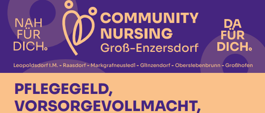 Ein Plakat, das ein Seminar über Pflegethemen ankündigt. Es behandelt Themen wie Pflegegeld, Betreuungsvollmacht und Erwachsenenvertretung. Der Veranstaltungsort ist Alte BH, Dr. Anton Krabichler-Platz 1, 1. Stock. Der Termin ist Donnerstag, 27.11.2025, von 16 bis 18 Uhr. Die Anmeldung erfolgt per E-Mail oder Telefon.