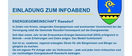 Eine Informationsveranstaltung zur Erneuerbaren-Energie-Gemeinschaft Raasdorf ist für den 30.10.2025 um 19 Uhr im Kulturhaus Altes Dorf 11a, 2281 Raasdorf geplant. Die Gemeinschaft zielt darauf ab, saubere, regionale Energie bereitzustellen. Vier Gründe zum Mitmachen sind Preisstabilität, Unabhängigkeit vom Stromnetz, Nutzung lokaler sauberer Energie und Wertschöpfung in der Region.