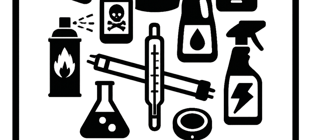 A collection of problem substances is shown with various hazardous items like pills, a barrel, a battery, a spray bottle, a flask, and more.