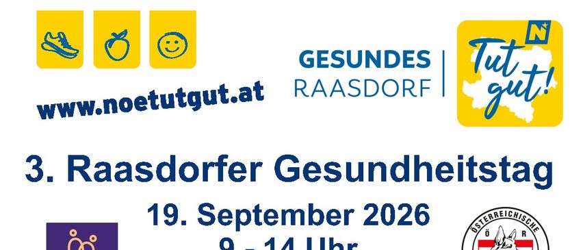 Plakat für den 3. Raasdorfer Gesundheitstag, geplant für den 19. September 2026, von 9 Uhr bis 14 Uhr im Kulturhaus Raasdorf. Beinhaltet verschiedene gesundheitsbezogene Aktivitäten, Organisationen und Sponsoren.