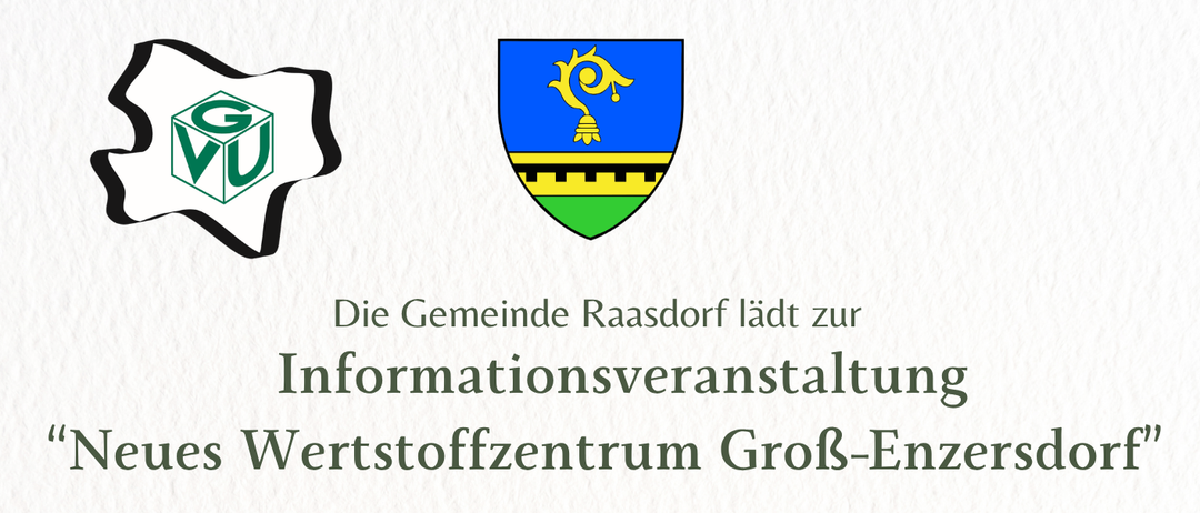 Ein Informationsposter über ein neues Materialzentrum in Groß-Enzersdorf mit einem Bild der Baustelle.