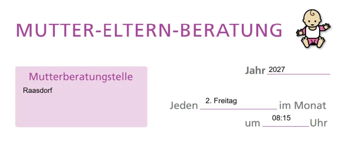 Ein Flyer für Mutter-Eltern-Beratung in Raasdorf, Deutschland, für das Jahr 2027. Der Flyer enthält einen Zeitplan für die Treffen, mit der ersten Sitzung am 8. Januar und der letzten am 10. Dezember.