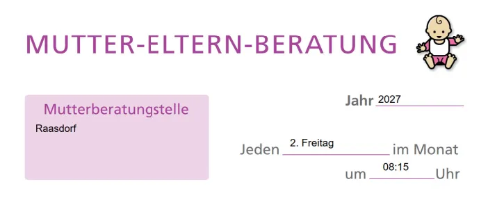 Ein Flyer für Mutter-Eltern-Beratung in Raasdorf, Deutschland, für das Jahr 2027. Es zeigt eine Mutter, die ihr Baby küsst, und einen Zeitplan für Beratungstermine.