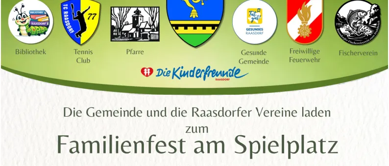 Ein Plakat für ein Familienfest auf einem Spielplatz, das verschiedene Vereine und Aktivitäten vorstellt, mit Datum und Ort angegeben.